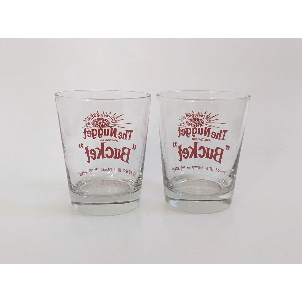 Vintage Reno Nugget Bucket Tumbler Glasses Pair Cocktail Nevada Casino Souvenir